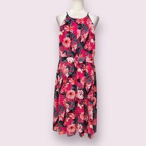 Ann Taylor Factory Floral Midi Dress Size 12 Pink Tropical Halter Vacation Dress